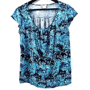 Michael Michael Kors PL Abstract Print Pleated Cup Sleeves Scoop Neck Blouse